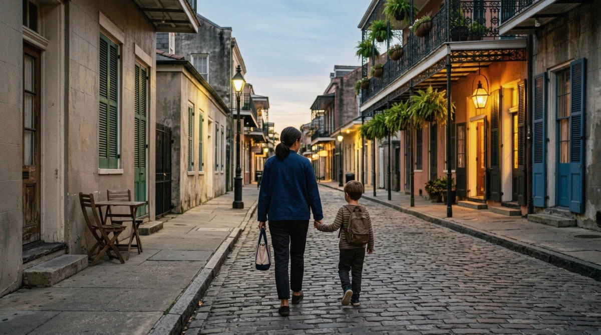 A family walking together past a lantern-lit French Quarter courtyard on a family-friendly New Orleans vampire tour at dusk