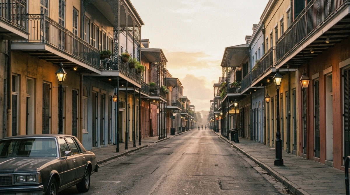 Cobblestone French Quarter street lined with gas lanterns, the new orleans vampire tour route stops walked after dark
