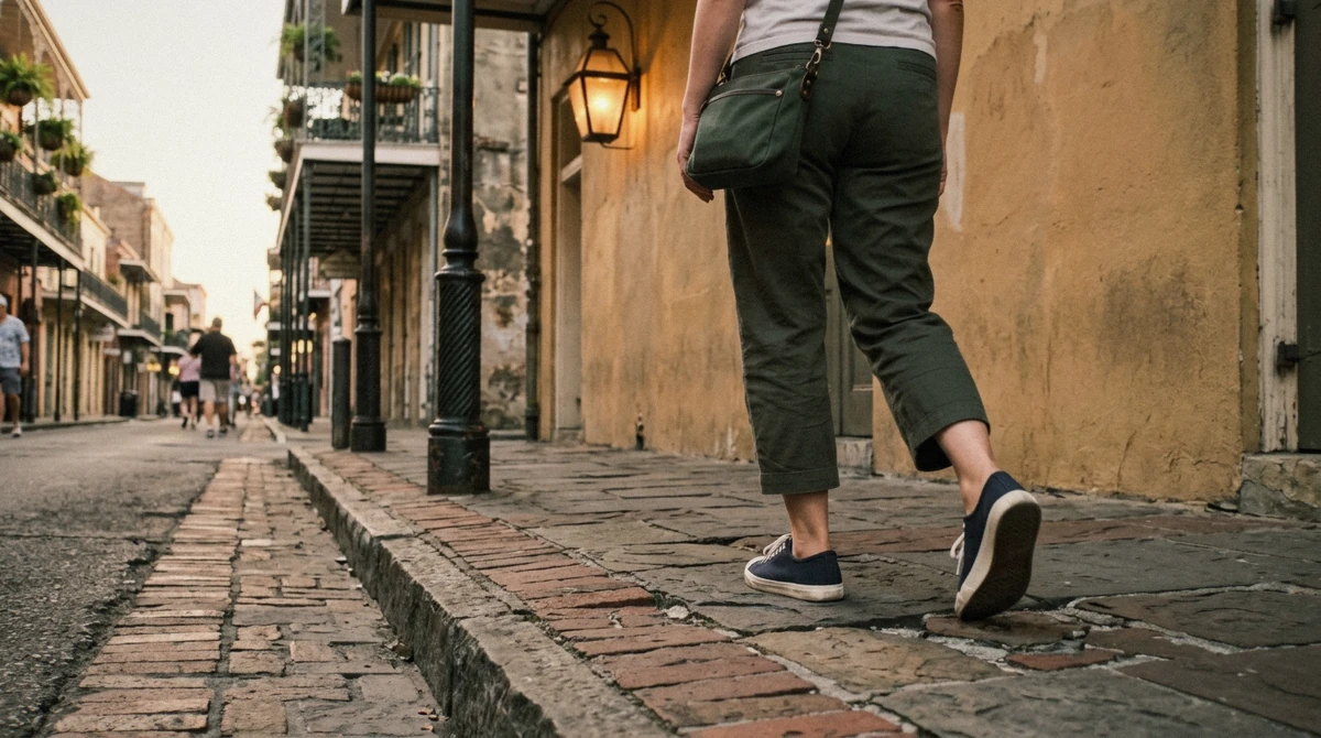 Traveler in closed-toe walking shoes crossing uneven French Quarter brick at dusk, the right footwear for a new orleans vampire tour night walk